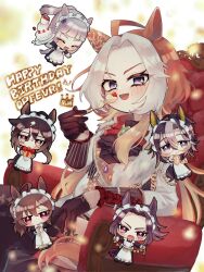  +_+ 6+girls ahoge alt_text animal_ears apron ascot black_dress black_gloves black_hair black_jacket black_thighhighs blunt_bangs blush box breasts brown_eyes brown_hair cake character_name closed_eyes closed_mouth commentary_request dream_journey_(umamusume) dress ear_covers fenomeno_(umamusume) food fork fruit gift gift_box glasses gloves gold_ship_(umamusume) grey_hair hair_between_eyes happy_birthday highres holding holding_fork holding_gift holding_teapot holding_tray horse_ears horse_girl horse_tail jacket long_hair long_sleeves looking_at_viewer maid maid_apron maid_headdress mini_person minigirl multicolored_hair multiple_girls nakayama_festa_(umamusume) nosmi_umachan on_throne open_mouth orange_hair orfevre_(control)_(umamusume) orfevre_(umamusume) ponytail purple_hair single_ear_cover sitting smile stay_gold_(umamusume) stay_gold_clan_(umamusume) strawberry tail teapot thigh-highs throne tray two-tone_hair umamusume violet_eyes white_apron white_hair white_headdress 