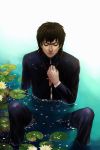  brown_hair closed_eyes cross cross_necklace eyes_closed fate/zero fate_(series) flower highres holding_cross jewelry kotomine_kirei lily_pad male mujun_no_kuro necklace partially_submerged realistic solo water 