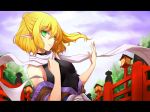  asya bare_shoulders blonde_hair bridge bust green_eyes half_updo letterboxed mizuhashi_parsee off_shoulder parted_lips pointy_ears ponytail scarf short_hair solo touhou 
