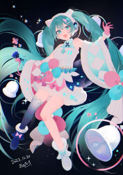  1girl absurdres aqua_eyes aqua_hair artist_name asymmetrical_footwear asymmetrical_gloves bell bell_ringing black_background blue_background blue_boots blue_gloves blue_ribbon boots bow bowtie commentary_request dated dress dress_bow floating fur-trimmed_boots fur-trimmed_dress fur-trimmed_gloves fur-trimmed_shawl fur-trimmed_sleeves fur_trim gloves gradient_background gradient_legwear handbell hatsune_miku headphones headset highres holding holding_bell long_hair looking_at_viewer magical_mirai_(vocaloid) magical_mirai_miku magical_mirai_miku_(2020_winter) microphone_wand mismatched_footwear mismatched_gloves multicolored_ribbon omutatsu open_mouth pink_gloves pink_ribbon ribbon shawl shirt signature single_thighhigh sleeveless sleeveless_dress sleeveless_shirt sleeveless_turtleneck smile solo star_(symbol) star_print thigh-highs tongue turtleneck twintails very_long_hair vocaloid white_boots white_dress 