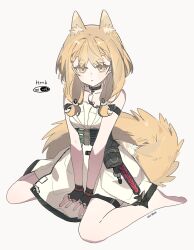  1girl animal_ears arknights arknights:_endfield bare_shoulders barefoot black_gloves blonde_hair closed_mouth dress fingerless_gloves full_body gloves highres jewelry long_hair looking_at_viewer low-tied_sidelocks missing_headwear necklace rossi_(arknights) seri_(vyrlw) sidelocks simple_background sitting solo tail tooth_necklace wariza white_background white_dress wolf_ears wolf_girl wolf_tail yellow_eyes 