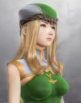  3d bare_shoulders blonde_hair blue_eyes breasts bust ear forehead_jewel freya_(valkyrie_profile) hat highres kylda lips realistic signature solo valkyrie_profile 