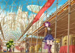  1girl aircraft alternate_costume arms_behind_back black_hat black_jacket black_pants blonde_hair blue_eyes blue_skirt bonnet boots building chinese_commentary commentary_request dirigible dress fold-over_boots green_necktie hairband hat highres jacket knee_boots multicolored_hairband necktie orange_shrug outdoors pants people petticoat pink_bonnet pink_boots pink_dress purple_hair red_hat red_jacket shirt shrug_(clothing) skirt solo_focus statue tenkyuu_chimata touhou tree white_shirt yazato_ichimushi 