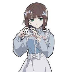  amami_haruka apron blue_jacket bow brown_hair commentary_request expressionless green_eyes hair_bow hair_flip hair_ornament heart heart_hair_ornament heart_hands idolmaster idolmaster_(classic) jacket jersey jersey_maid jersey_maid_girl_(idolmaster) looking_at_viewer maid sidelocks summer_end27 twitter_username unconventional_maid waist_apron white_apron white_background 