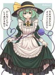  1girl alternate_costume apron black_hat blush bow bowtie commentary_request disembodied_linked_eye dress enmaided eyeball frilled_dress frills green_dress green_eyes green_hair hat hat_bow heart heart_of_string highres holding_own_dress juliet_sleeves koishi_day komeiji_koishi long_sleeves looking_at_viewer maid maid_apron puffy_sleeves shitacemayo smile solo speech_bubble spoken_heart touhou translation_request twitter_username white_apron yellow_bow yellow_bowtie 