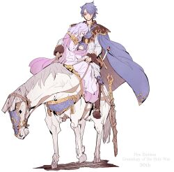  1girl 2boys armor baby blue_cape blue_eyes blue_hair boots bridle brown_boots cape carrying carrying_baby carrying_person closed_eyes closed_mouth copyright_name deirdre_(fire_emblem) fire_emblem fire_emblem:_genealogy_of_the_holy_war floating_cape grey_hair hair_over_one_eye highres holding holding_reins horse horseback_riding husband_and_wife long_sleeves mage_staff multiple_boys parent_and_child pink_cape reins riding saddle seliph_(fire_emblem) shoulder_armor sigurd_(fire_emblem) simple_background smile staff stirrups_(riding) sword watermark weapon white_background white_horse yoshinaga_yunosuke 