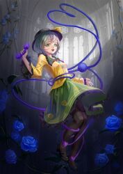  1girl absurdres arched_window bing_guo black_hat blouse blue_flower blue_rose bow buttons cathedral chinese_commentary church commentary_request corded_phone diamond_button disembodied_linked_eye eyeball floating floral_print flower frilled_shirt_collar frilled_sleeves frills green_eyes green_hair green_skirt hat hat_bow hat_ribbon heart heart_of_string highres holding holding_phone komeiji_koishi long_sleeves looking_at_viewer open_mouth phone ribbon rose rose_print shirt short_hair skirt smile solo touhou transom_window wide_sleeves window yellow_bow yellow_ribbon yellow_shirt 