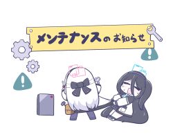  2girls absurdly_long_hair aris_(blue_archive) bag black_bow black_hair black_hairband black_jacket black_shoes black_skirt black_thighhighs blue_archive blue_halo blue_necktie blush bow closed_eyes commentary_request deformed from_behind gears grabbing_from_behind hair_between_eyes hairband halo hammer highres holding holding_screwdriver holding_wrench jacket kei_(blue_archive) kei_(new_body)_(blue_archive) long_hair long_hair_between_eyes maintenance multicolored_jacket multiple_girls necktie one_side_up open_mouth pink_halo pleated_skirt pocket rectangular_halo red_light satchel screwdriver server shoes side_ponytail sign sirokochu skirt sweat thigh-highs two-tone_jacket very_long_hair warning_sign white_background white_hair white_jacket white_shoes wrench 