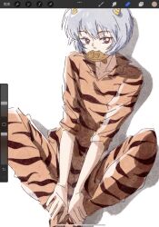  1girl animal_print art_program_in_frame art_program_request ayanami_rei blue_hair commentary cone_horns cosplay food food_in_mouth horns luuxiriver orange_pajamas pajamas red_eyes rei_(urusei_yatsura) rei_(urusei_yatsura)_(cosplay) short_hair sitting solo striped_horns taiyaki tiger_print urusei_yatsura wagashi 