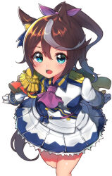  1girl absurdres animal_ears ascot blue_eyes blush breasts brown_hair buttons cape commentary_request double-breasted epaulettes gloves hair_between_eyes highres horse_ears horse_girl horse_tail jacket long_hair long_sleeves looking_at_viewer misonikomi multicolored_hair multicolored_jacket open_mouth pink_ascot ponytail red_cape simple_background single_epaulette single_hair_streak skirt small_breasts solo streaked_hair tail tokai_teio_(peak_joy)_(umamusume) tokai_teio_(umamusume) two-tone_hair two-tone_jacket two-tone_skirt umamusume white_background white_gloves white_hair white_jacket white_skirt white_streaks 