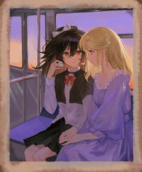  2girls absurdres alternate_costume black_capelet black_hat black_skirt blonde_hair bow bowtie brown_eyes brown_hair brown_hat capelet commentary_request dress eye_contact hair_bow hand_on_another's_hand hat hat_bow highres long_hair long_sleeves looking_at_another maribel_hearn missing_headwear multiple_girls purple_dress red_bow red_bowtie shirt sitting skirt touhou usami_renko user_dkrh2538 violet_eyes white_bow white_shirt yellow_eyes yuri 