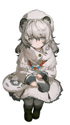  1girl :< absurdres aged_down ahoge animal_ears arknights bead_necklace beads black_boots blush boots child dress full_body grey_eyes grey_hair grey_pants hair_between_eyes hat highres holding_own_tail invisible_chair jewelry looking_at_viewer maochibuqihuyu medium_hair necklace pants parka pramanix_(arknights) simple_background sitting snow_leopard_ears snow_leopard_girl snow_leopard_tail solo tail white_background white_dress white_hat 