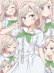  +_+ 1girl 2025 :o ^_^ absurdres blue_eyes blush ceras_yanagida_lilienfeld closed_eyes closed_mouth collarbone cowboy_shot dated dress expressionless green_neckerchief grey_hair grin hair_ribbon hashtag hasu_no_sora_school_uniform highres kanzaki_gou long_hair love_live! love_live!_hasu_no_sora_jogakuin_school_idol_club multiple_views neckerchief parted_lips pink_background pink_ribbon pleated_dress puffy_short_sleeves puffy_sleeves ribbon sailor_collar sailor_dress school_uniform short_sleeves smile summer_uniform textless_version u_u virtual_youtuber w white_dress white_sailor_collar 
