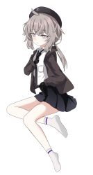  1girl absurdres ahoge black_hat black_necktie black_skirt blush breast_pocket brown_jacket cheyanne_(girls'_frontline_2) collared_shirt commentary_request from_side frown full_body girls'_frontline_2:_exilium girls_frontline grey_hair hair_between_eyes hat highres jacket long_hair long_sleeves looking_at_viewer low_ponytail m200_(girls'_frontline) mili_mli miniskirt necktie no_shoes open_clothes open_jacket pink_eyes pleated_skirt pocket ponytail shirt sidelocks simple_background sitting skirt socks solo thighs white_background white_shirt white_socks 