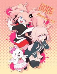  2girls aqua_eyes aqua_jacket backpack bag bear_hair_ornament black_shirt black_thighhighs blood blood_splatter blush bow cio_(ciosui) commentary danganronpa:_trigger_happy_havoc danganronpa_(series) danganronpa_2:_goodbye_despair drop_shadow english_commentary english_text enoshima_junko eyelashes fingernails frills game_over hair_ornament highres hood hood_down hooded_jacket jacket long_hair long_sleeves multiple_girls nail_polish necktie one_eye_closed open_clothes open_jacket open_mouth pink_background pink_bow pink_eyes pink_shirt red_nails red_skirt shirt short_sleeves skirt smile teeth thigh-highs twintails usami_(danganronpa) wings 