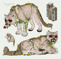  animal animal_focus animalization artist_name commentary cougar english_commentary flower graypillow highres iron_golem_(minecraft) minecraft mouth_hold multiple_views no_humans plant red_eyes red_flower reference_inset simple_background sitting vines white_background yellow_flower 