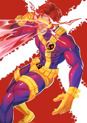  1boy blue_bodysuit bodysuit brown_hair cyclops_(x-men) eye_beam gloves head-mounted_display highres male_focus marvel marvel_rivals migupart multicolored_bodysuit muscular muscular_male scott_summers short_hair smile solo superhero_costume two-tone_bodysuit x-men x-uniform yellow_bodysuit yellow_gloves 
