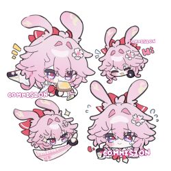  1girl :> animal_ears black_gloves blush bow bowtie bread bread_slice cherry_blossoms chibi commentary english_text evanescia_(honkai:_star_rail) fingerless_gloves flower flying_sweatdrops food food_in_mouth gloves hair_flower hair_ornament highres holding holding_sword holding_weapon honkai:_star_rail honkai_(series) multiple_views nekooooowo pink_flower pink_hair rabbit_ears red_bow red_bowtie scratching_cheek shirt simple_background sword tearing_up toast untranslatable_commentary watermark weapon white_background white_shirt 