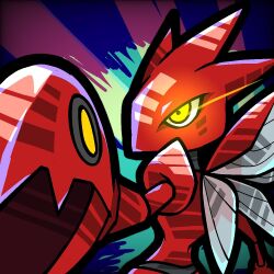  1other bug claws colored_skin commentary_request glowing glowing_eyes insect_wings looking_at_viewer meruru_gu pincers pokemon pokemon_(creature) purple_background red_skin scizor simple_background solo standing upper_body wings yellow_eyes 