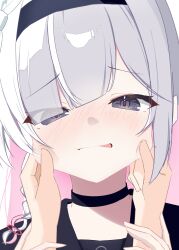  1girl 1other absurdres ambiguous_gender black_choker black_hairband black_sailor_collar blue_archive blush braid cheek_pinching choker colored_inner_hair commentary_request grey_eyes grey_hair hairband highres ikka0725 long_hair multicolored_hair out_of_frame parted_bangs parted_lips partial_commentary pinching plana_(blue_archive) portrait pov red_pupils sailor_collar solo_focus straight_hair 