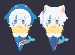  1girl animal_ears artist_name black_background blue_hood blue_streaks cat_ears commentary_request fins fish_tail gawr_gura gawr_gura_(1st_costume) gawr_gura_(casual) hololive hololive_english ice_cream_cone multicolored_hair official_alternate_costume rizu_(rizunm) shark_girl shark_tail simple_background streaked_hair tail virtual_youtuber white_hair 