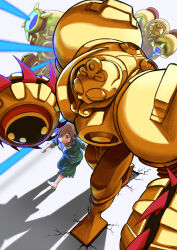  1boy 1other absurdres armor bandaged_arm bandages barefoot brown_eyes brown_hair cecil_(darkstalkers) child claws clenched_hand clenched_hands crack cracked_floor darkstalkers energy_beam from_above full_body gauntlets gold_armor green_pants grey_hair hair_over_one_eye helmet highres hospital_gown huitzil_(darkstalkers) japanese_clothes looking_at_another looking_at_viewer male_focus minokichi_(arufooto25) multiple_boys open_mouth pants punching robot shirt short_hair shorts simple_background size_difference smile spikes standing walking white_background 