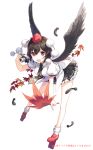  autumn_leaves bent_over between_breasts black_hair bobby_socks breasts camera feathers geta h2so4 hat holding leaf legs looking_at_viewer necktie open_mouth pleated_skirt red_eyes shameimaru_aya short_hair simple_background skirt smile socks solo touhou white_background wings 