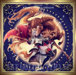  1girl absurdres animal_ears asymmetrical_footwear black_gloves blonde_streaks cape commentary_request creature_and_personification dated ear_covers english_text gloves gold_border hair_intakes happy_birthday high-heeled_mechanical_legs high-low_skirt highres horse horse_ears horse_girl horse_tail miru_(mill_36) mismatched_footwear multicolored_hair nuzzle orange_hair orfevre_(racehorse) orfevre_(umamusume) personification real_life red_cape single_ear_cover streaked_hair tail thick_thighs thighs tsurime white_hair 
