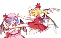  2girls anger_vein arm_up ascot back bat_wings blonde_hair bow closed_eyes commentary crystal flandre_scarlet flying_kick food hair_between_eyes hand_up hands_up hat hat_ribbon highres jewelry jumping kaoling kicking mob_cap multicolored_wings multiple_girls no_shoes one_side_up open_mouth pink_hat pink_sleeves plate pudding puffy_short_sleeves puffy_sleeves purple_hair red_ascot red_bow red_ribbon red_skirt red_vest remilia_scarlet ribbon shaded_face shirt short_hair short_sleeves simple_background skirt socks spoon standing touhou untranslatable_commentary vest white_background white_bow white_hat white_shirt white_sleeves white_socks wings wrist_cuffs yellow_ascot 