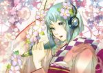  absurdres bob_cut burusu cherry_blossoms copyright_request flower green_eyes green_hair hair_flower hair_ornament headphones highres japanese_clothes kimono microphone open_mouth short_hair singing solo 