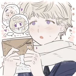  !? >_< 1boy 2girls axis_powers_hetalia belarus_(hetalia) black_necktie blank_speech_bubble blonde_hair blue_hairband blue_vest blush bow brother_and_sister closed_eyes collared_shirt commentary empty_eyes envelope flying_sweatdrops grey_hair hair_bow hair_ornament hairband hands_on_own_face hands_up heart highres holding holding_envelope holding_letter letter long_hair looking_to_the_side multiple_girls necktie no_mouth notice_lines open_mouth russia_(hetalia) scarf shirt short_hair siblings sidelocks simple_background sisters sleeves_rolled_up solo_focus speech_bubble spoken_character ukraine_(hetalia) untranslatable_commentary upper_body vest violet_eyes white_background white_bow white_hair white_scarf white_shirt x_hair_ornament yunjiu0618 