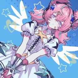 1girl aqua_hair aqua_streaks aria_(human)_(zenless_zone_zero) aria_(zenless_zone_zero) bandaid bandaid_on_face blue_background blue_eyes bow bridal_gauntlets center_frills closed_mouth commentary detached_collar dress dutch_angle facial_mark fingerless_gloves frills gloves hair_bow hair_ornament hairclip heart heart_facial_mark highres kurimako looking_at_viewer mark_under_eye multicolored_hair multiple_hair_bows pink_gloves pink_hair quad_tails solo star-shaped_pupils star_(symbol) streaked_hair symbol-shaped_pupils untranslatable_commentary white_bridal_gauntlets white_dress white_wings wings zenless_zone_zero 