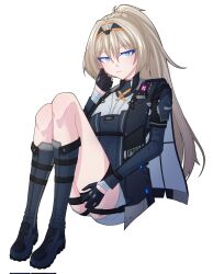  1girl an-94_(girls'_frontline) blue_eyes boots breasts closed_mouth girls'_frontline_2:_exilium girls_frontline gloves hairband highres knee_up lamarr_art long_hair looking_at_viewer shorts sitting solo tactical_clothes thigh_strap white_hair 