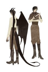  1girl ada_wong alternate_costume bat_wings belt_collar bob_cut boots capelet character_request check_character collar dagger demon demon_girl demon_horns front_and_back full_body head_tilt high_heel_boots high_heels highres holding holding_dagger holding_knife holding_weapon horns index_finger_raised knife long_sleeves resident_evil resident_evil_2 shirt shirt_tucked_in weapon white_shirt wings xianyu_chuan 