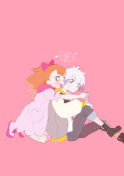  1boy 1girl 35kawaiiprpr absurdres brown_hair commentary_request dress grey_hair highres hooded_dress hug hug_from_behind inukai_komugi long_hair long_sleeves pink_background pink_dress ponytail precure puffy_long_sleeves puffy_sleeves short_hair simple_background sitting toyama_daifuku toyama_daifuku_(civilian) wonderful_precure! 