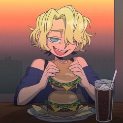  1boy absurdres artist_name blonde_hair blue_eyes blue_shirt burger cheese commentary english_commentary eyebrows_hidden_by_hair food glass hair_over_one_eye highres holding holding_burger holding_food ice_cream ice_cream_float male_focus nao_(sayasushiswag) off-shoulder_shirt off_shoulder one_eye_closed open_mouth original plate sayasushiswag shirt smile solo strap trap upper_body watermark 