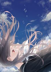  1girl absurdres black_serafuku blue_sky brown_hair clouds crying day falling floating_hair floating_tears flying_teardrops from_side glint highres long_hair long_sleeves neckerchief nyaon_oekaki open_mouth original outdoors profile red_eyes revision school_uniform serafuku sideways sky solo tears upper_body white_neckerchief 
