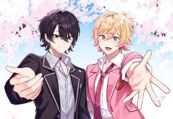  2boys absurdres agamemega black_eyes black_hair black_suit blonde_hair cherry_blossoms closed_mouth collarbone collared_shirt commentary_request green_eyes hair_between_eyes hair_ornament hairclip hairpin highres jacket light_blush long_sleeves male_focus mole mole_under_eye multiple_boys multiple_hairclips necktie nose open_mouth original outdoors outstretched_hand pink_suit reaching reaching_towards_viewer shirt short_hair sleeves_rolled_up suit suit_jacket tongue upper_body white_shirt 
