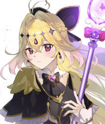  antenna_hair black_capelet blonde_hair brooch capelet closed_mouth commentary_request cure_arcana_shadow diamond_hairband frilled_capelet frilled_cuffs frills hair_intakes heart heart_brooch highres holding holding_rod jewelry light_blush light_frown long_hair looking_at_viewer magical_girl meitantei_precure! moria_luluka pink_eyes precure purple_nails purple_veil rod rui_memo tear_arcana_rod veil very_long_hair 