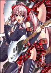 alternate_hairstyle bare_shoulders bow breasts electric_guitar guitar hair_bow impossible_clothes impossible_shirt instrument long_hair looking_at_viewer megurine_luka merufena open_mouth pink_hair plaid ponytail skirt smile solo thigh-highs thighhighs very_long_hair vocaloid zettai_ryouiki zoom_layer 