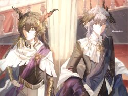  arknights artist_name black_hair black_horns black_pants black_shirt black_wings blue_hair capelet closed_mouth commentary_request ebenholz_(ambience_synesthesia_2025)_(arknights) ebenholz_(arknights) expressionless head_wings highres horns kokodoriru logos_(arknights) logos_(radiant_serenity)_(arknights) long_hair one_eye_closed overlighting panties pants pointy_ears red_eyes sheep_horns shirt underwear upper_body vambraces violet_eyes white_capelet white_panties wings 
