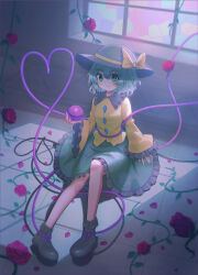  1girl absurdres black_boots black_hat boots bow buttons chinese_commentary closed_mouth collared_shirt commentary_request diamond_button disembodied_linked_eye eyeball floral_print flower frilled_shirt_collar frilled_skirt frilled_sleeves frills green_eyes green_hair green_skirt hat hat_bow heart heart_of_string highres komeiji_koishi long_sleeves looking_at_viewer pantyhose pink_flower pink_pantyhose pink_rose plant print_skirt rose rose_print shirt sitting skirt smile solo toorooo touhou vines wide_sleeves window yellow_bow yellow_shirt 