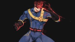  1boy absurdres blue_bodysuit bodysuit brown_hair cyclops_(x-men) cyrosaur eye_beam gloves head-mounted_display highres male_focus marvel marvel_rivals muscular muscular_male short_hair solo superhero_costume x-men 