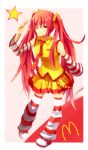  ;) alternate_color bad_id detached_sleeves hatsune_miku leg_warmers long_hair mcdonald&#039;s mcdonald's necktie red_hair redhead skirt smile solo star striped striped_legwear thigh-highs thighhighs twintails very_long_hair vocaloid wink yellow_eyes 