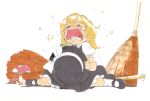  ahoge blonde_hair blush bow braid broom child crying hat hat_bow hat_removed headwear_removed kirisame_marisa marker_(medium) mtmy mushroom short_hair simple_background single_braid sitting solo star tears touhou traditional_media wariza white_background witch witch_hat 