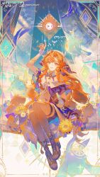 1girl absurdres arm_up commentary english_commentary gloves green_eyes highres jacket logo long_hair looking_at_viewer multicolored_jacket official_art open_mouth orange_hair purple_jacket sandals sigrika_(wuthering_waves) sitting smile solo toes two-tone_jacket veil white_gloves white_jacket white_veil wuthering_waves 