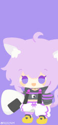  1girl absurdres ahoge animal_ears black_hoodie cat_ears cat_girl cat_tail commentary_request food highres hololive hood hoodie jewelry midriff navel necklace nekomata_okayu nekomata_okayu_(1st_costume) onigiri pants purple_background rizu_(rizunm) shoes simple_background solo standing tail violet_eyes virtual_youtuber white_pants yellow_shoes 