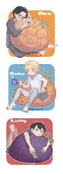  3boys black_hair blonde_hair book controller cup devil_fruit freckles full_body glasses highres holding holding_controller holding_cup holding_remote_control kazuto_(kazu_one_a) male_focus monkey_d._luffy multiple_boys one_piece portgas_d._ace remote_control sabo_(one_piece) scar scar_on_face short_hair 