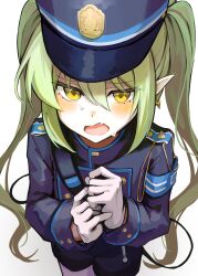  1girl absurdres armband blue_archive blue_armband blue_hat blue_shorts blush buttons commentary demon_tail double-breasted earrings fang gloves green_hair hands_up hat highres jewelry long_hair long_sleeves looking_at_viewer nozomi_(blue_archive) open_mouth pantyhose peaked_cap pointy_ears shorts simple_background skin_fang solo tail twintails ujiuji715 white_background white_gloves white_pantyhose yellow_eyes 