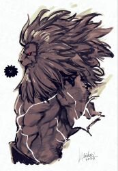  1boy abs amputee commentary_request cropped_torso dated fate/grand_order fate_(series) from_side furry furry_male highres kimidorix32 lion profile red_eyes richard_i_(fate) richard_i_(third_ascension)_(fate) signature solo twitter_username upper_body 